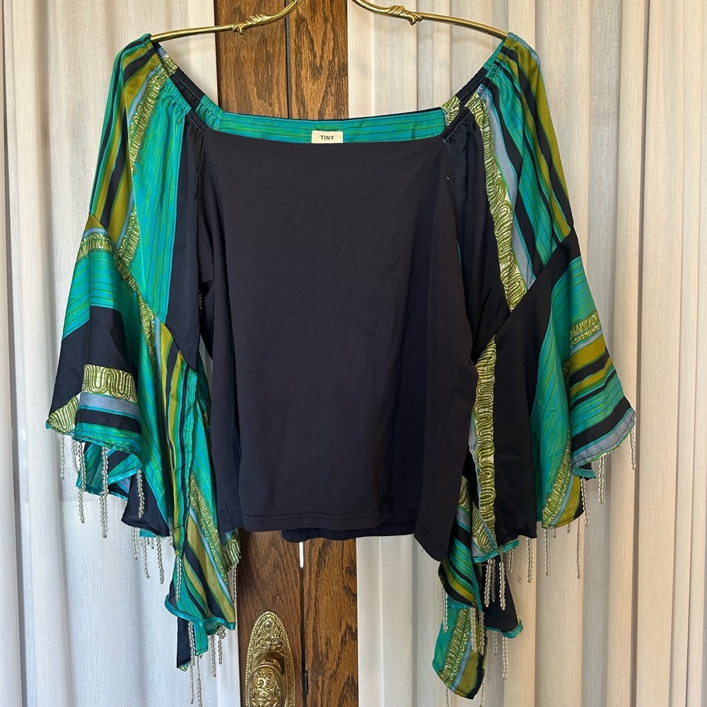 Anthropologie TINY Blue Green Beaded Bell Sleeve Top - Picture 5 of 15